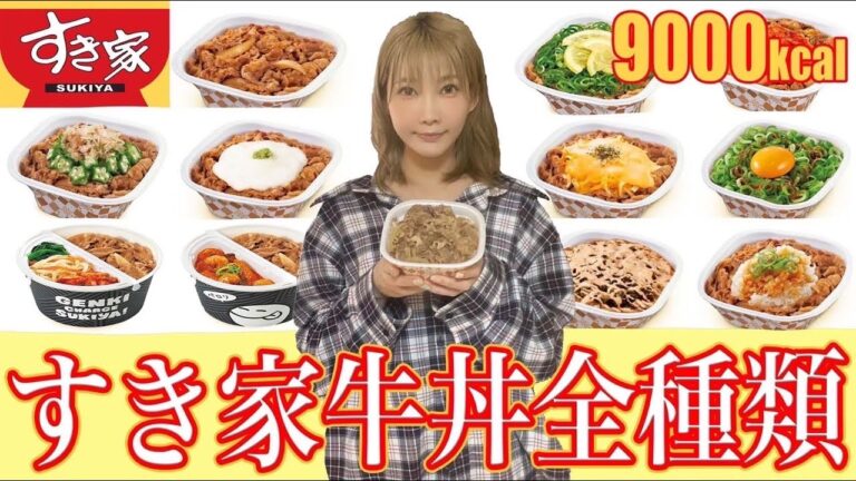 【大食い】すき家 牛丼全種類［期間限定］ねぎ塩レモン牛丼から定番3種のチーズ牛丼.キムチ牛丼.おろしポン酢牛丼！etc…11人前[9000kcal]【木下ゆうか】