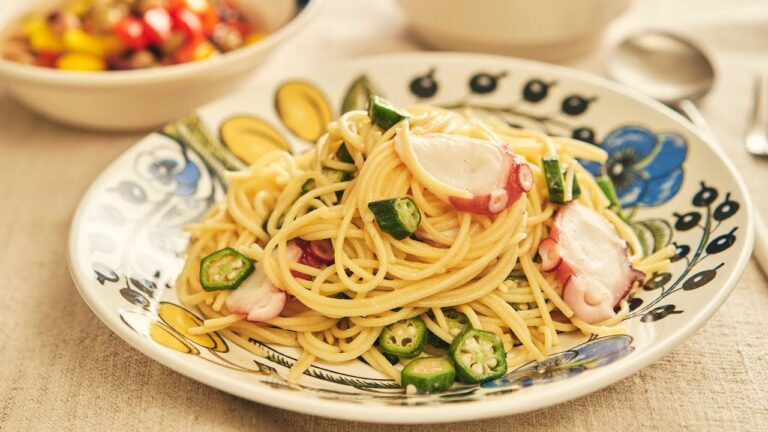 レンジで簡単♪タコとオクラの冷製ペペロンチーノパスタ