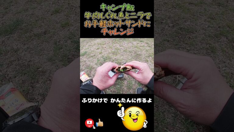 キャンプ飯　ソフトふりかけの牛肉しぐれ煮とニラで、かんたんホットサンドにチャレンジ　彩湖道満グリーンパークにて