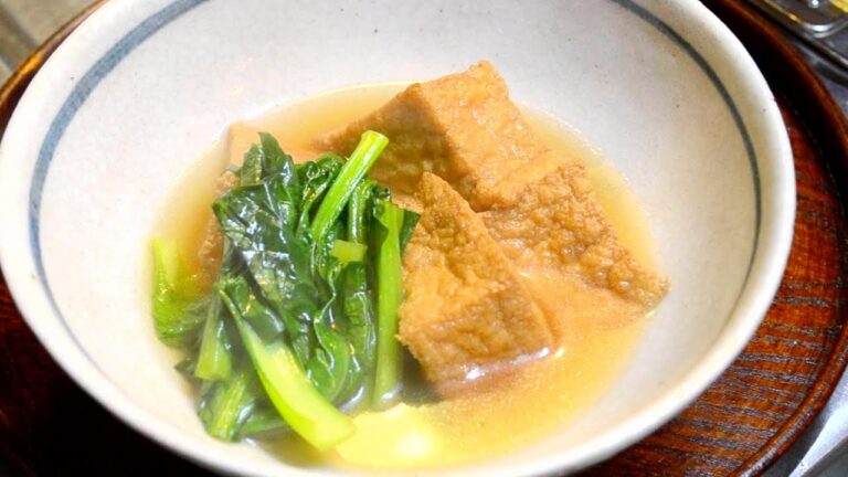 おいしい厚揚げがあったら、厚揚げと小松菜の煮物の作り方　　How to make stewed deep fried bean curd with Japanese mustard spinach
