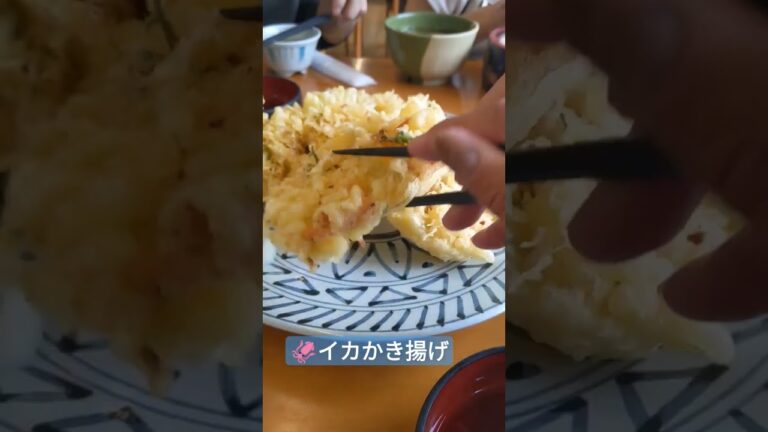🦑ばんやに行ったら必ず食べたい「イカかき揚げ」←カリッカリでボリューム満点。(個人の感想です)←天つゆの器に入らなかったのでした(笑) #イカ天 #かき揚げ