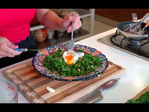 Salad Lyonnaise with a Twist (Poached egg, kale, and bacon salad)
