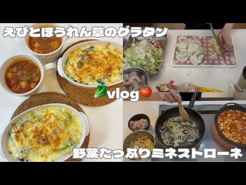 【vlog】エビとほうれん草のグラタン🦐｜野菜たっぷりミネストローネ🍲