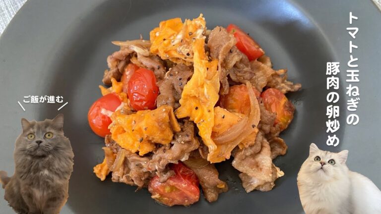 トマトと玉ねぎと豚肉の卵炒めwith cats