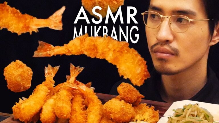 エビフライ　ホタテフライ　モヤシとキュウリの酢の物　スイートチリソース　ケチャップ　タルタルソース　おろしポン酢【ASMRモッパン | 咀嚼音 | 食べる音】