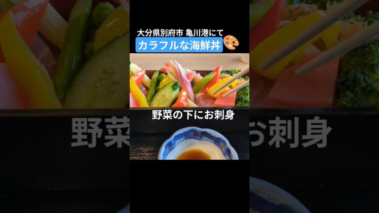 🎨カラフルな海鮮丼を食べた　別府の亀川港にて　海鮮丼の上に野菜が載ったスタイル　#海鮮丼 #野菜たっぷり #別府