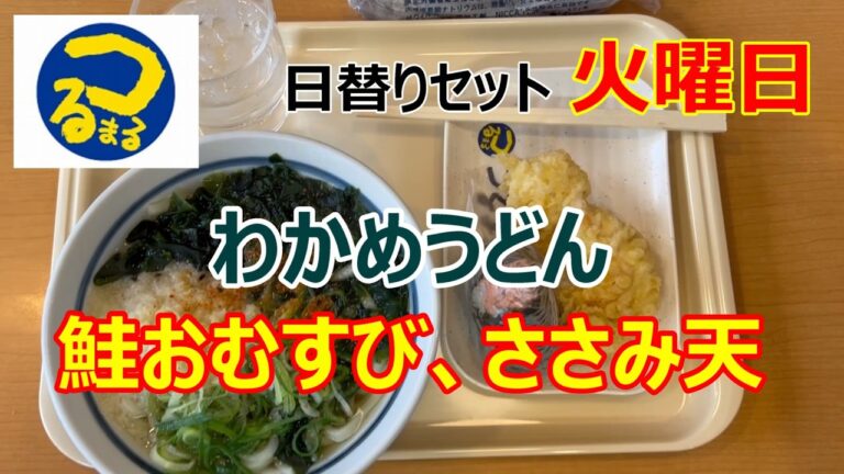 鶴丸饂飩うどん　日替りセット火曜日　わかめうどん、鮭おむすび、ささみ天　700円　11:00~15:00