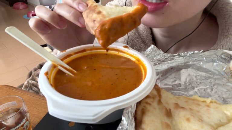 バターチキンカレー、チーズナン食べるよ ASMR 咀嚼音#囁き