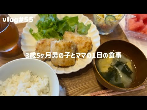 【1日の食事】時間の無い朝🥖とろ茄子丼/ホッケフライ/マカロニサラダ/今年初スイカ🍉