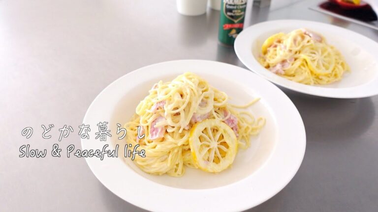爽やかなレモンと濃厚なクリームが美味しいレモンクリームパスタ/ネーブルオレンジのサラダ