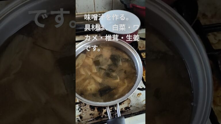 味噌汁作る。具材は白菜・生姜・椎茸・ワカメです。