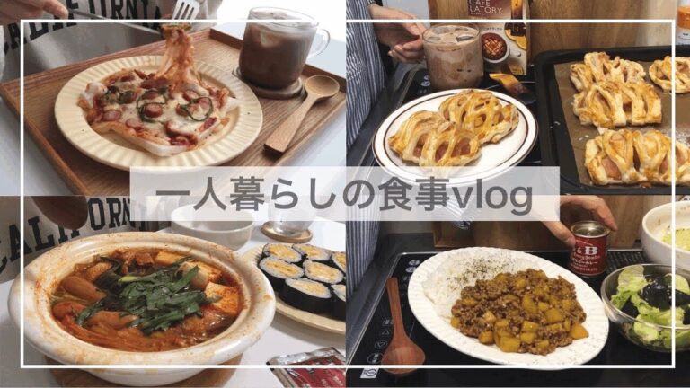一人暮らしの食事vlog🍲/アップルパイを作って新しい鍋で一人鍋をする/卵のり巻き、餅ピザ、じゃがいものカレーそぼろプレート