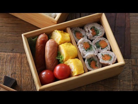 【お弁当作り】簡単3品おかずの野菜の豚ロールレンジ蒸し弁当bento＃574