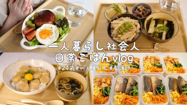 Vlog))一人暮らしの日常ごはん🥗ロコモコ丼/ たけのこご飯と若竹汁/ ホタテ漬け丼/ 冷凍タッパー弁当に挑戦🍱