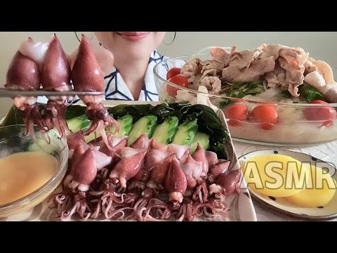 【茹でホタルイカと豚しゃぶゴマだれ素麺】を頂きます。Boiled Firefly Squid，Cooled Parboiled Pork Somen with sesame dressing