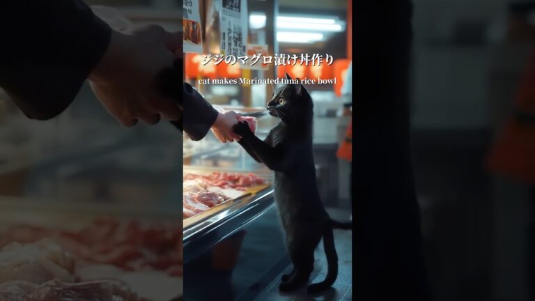 黒猫ジジはじめてのマグロ漬け丼作り🐟1番かわいいシーンをコメントで教えて！ #asmr #cat #料理 #shorts