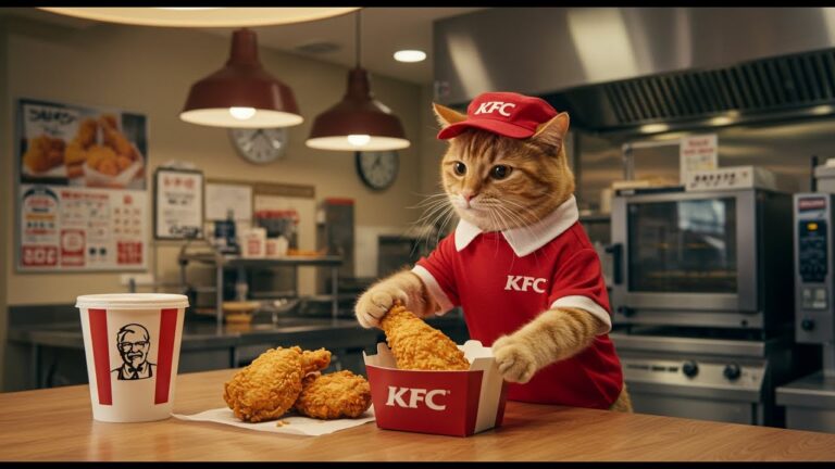 「ai猫動画」 KFCでバイト始めた猫ちゃん！フライドチキンが美味しすぎて…我慢できる？！#ai猫, #ai猫動画, #猫料理, #猫癒し動画, #超リアル, #ai生成