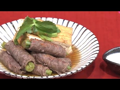 シシトウの肉巻き煮　豆乳とろろだれ
