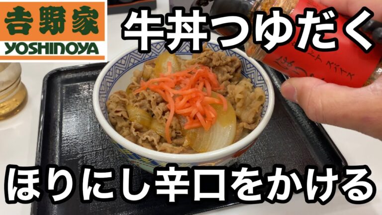 吉野家牛丼の並盛りつゆだくにほりにし辛口をかけて食べる（ご注意！咀嚼音そしゃくおんあり）
