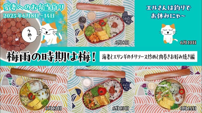 愛妻へのお弁当作り(6月8日〜14日)海老とエリンギのチリソース炒めと肉巻きお好み焼き編