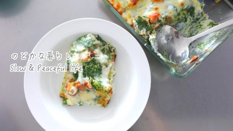 休日の家族/ほうれん草と鮭のラザニア/自家製リコッタチーズ/カリフラワーのスープ