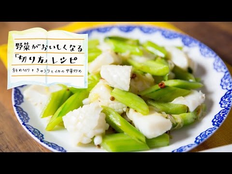 斜め切りしたキュウリとイカの中華炒め：Cucumber & Squid Stir-fry | 切り方ひとつでおいしくなるレシピ