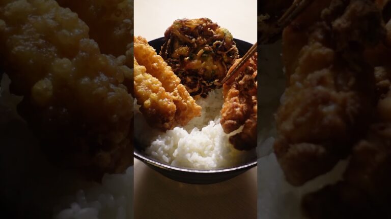 #shorts そばつゆで作る特製だれ！豪華天ぷら天丼できました🍤🍚Tendon with Soba Broth Sauce! Shrimp, Chicken, Veggies & Onsen Egg