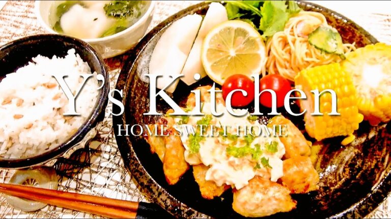 【夜ごはん】チキン南蛮＆サラダスパ＆水餃子スープ＆梨