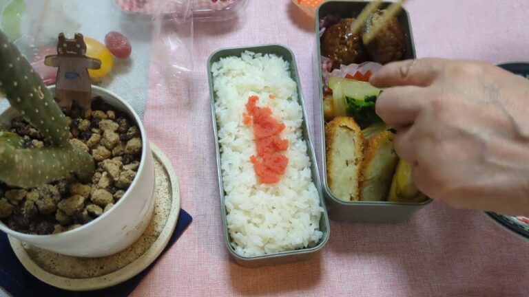 お婆ちゃん弁当、椎茸肉詰め、青菜サラダ、玉子焼き、コロッケ