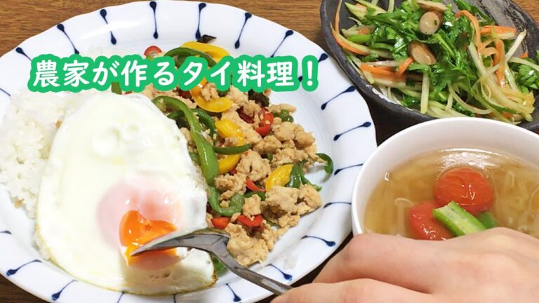 【農家めし】（本日の献立）ほぼピーマンが主役なガパオライスと青パパイヤと春菊のサラダともやしのスープ