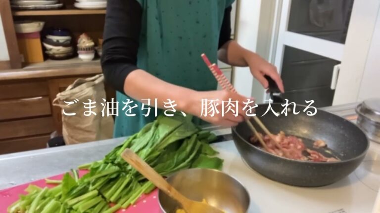 「初心者でも簡単」　豚肉と卵と小松菜の炒めもの