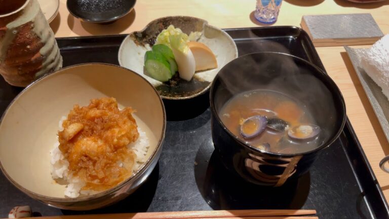 名古屋市東区　天風良にい留⑲ お食事　蜆味噌汁、天丼　優しい味の浅漬けをお供に