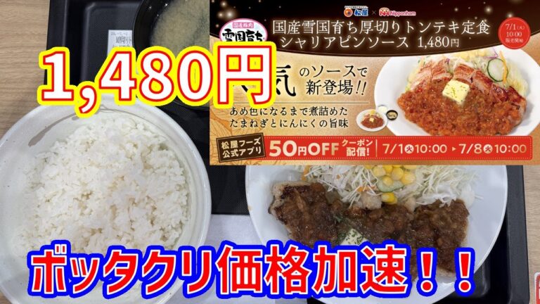 【ねぎしを超えた】松屋・国産雪国育ち厚切りトンテキ定食シャリアピンソース【ボッタクリ価格】