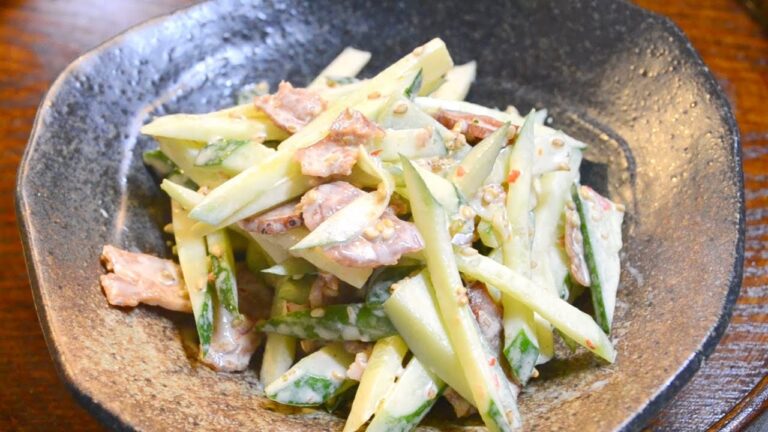 簡単・お手軽、胡瓜と焼豚のサラダの作り方　　How to make cucumber and roasted pork salad with mayonnaise sauce
