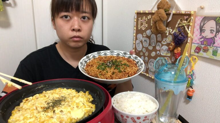 【昼飯】マヨチーズコーン焼きとプルダックポックンミョンと米【激辛】