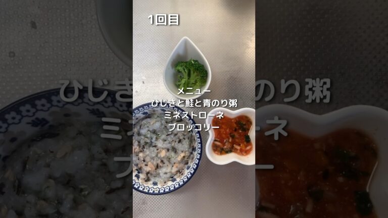 【生後8ヶ月】離乳食中期の献立【ひじきと鮭と青のり粥】【ミネストローネ】【ブロッコリー】#離乳食