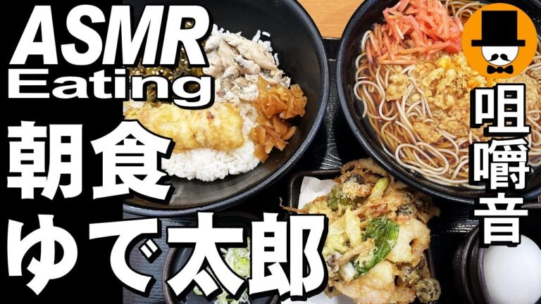 ゆで太郎ともつ次郎[ASMR Eating Sounds 咀嚼音 飯テロ 動画]焼き鯖ごはん蕎麦両方大盛りと季節のかき揚げを食べるオヤジ動画Japan