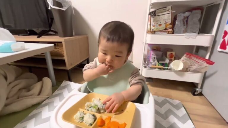 【1歳離乳食】小松菜としらすのご飯を食べるりっくん Weaning food for 1 year old Rikkun eating rice