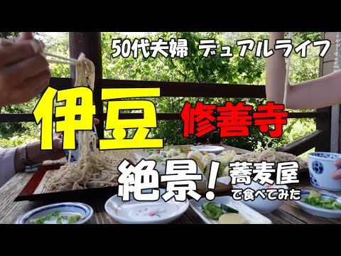 伊豆修善寺の絶景そば屋【50代夫婦】【デュアルライフ】やまびこ/ペットOKの手打ちそばや/自家製夏野菜の天ぷらと粗びき蕎麦をいただきました！絶景が眺められるテラス席/修禅寺参り/ペット可は嬉しい/愛犬