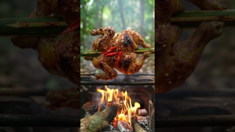 A Cute Girl Cooking Grill Chicken Under The Shelter– Primitive Life Hacks!