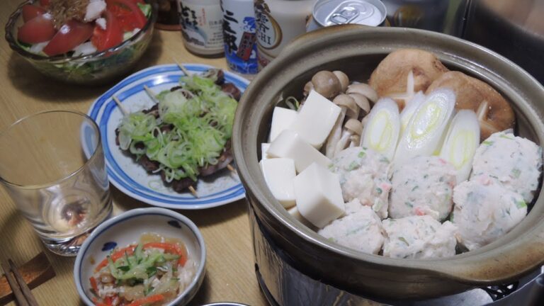 【宅飲み動画】鶏団子の塩ちゃんこ鍋 豚タンの串焼きネギ乗せ【昨日の晩酌】