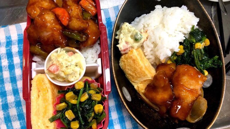 月曜のお弁当！② チーズ卵焼き・バタコほうれん草・酢豚・さつまいもサラダ