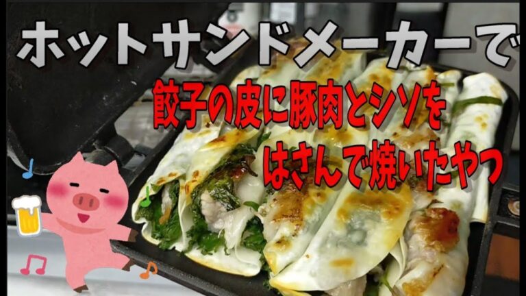 ホットサンドメーカーで餃子の皮に豚肉とシソをはさんで焼いたやつ