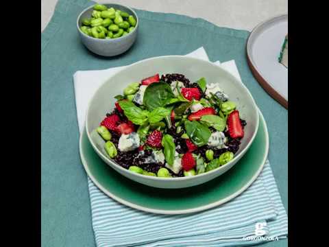 イタリア産ヴェネレ米、ゴルゴンゾーラ・ピカンテ、生そら豆、生ほうれん草といちごのサラダ