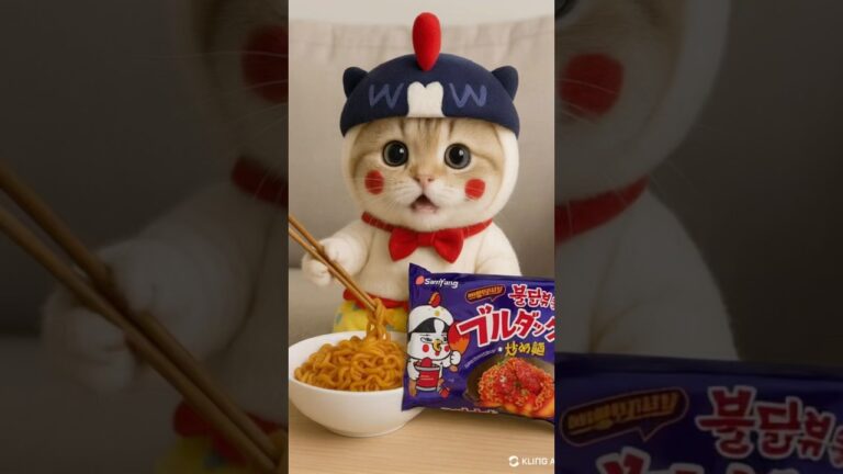 【AI猫】ブルダックポックンミョン韓国風ヤンニョムチキン味　#ブルダックポックンミョン #ヤンニョムチキン #ai動画  #ブルダックにゃん #着ぐるみにゃんず