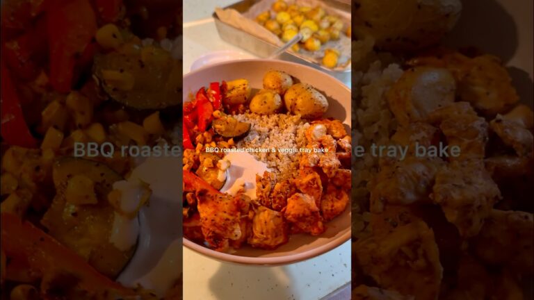 BBQ roasted chicken & veggies tray bake over quinoa