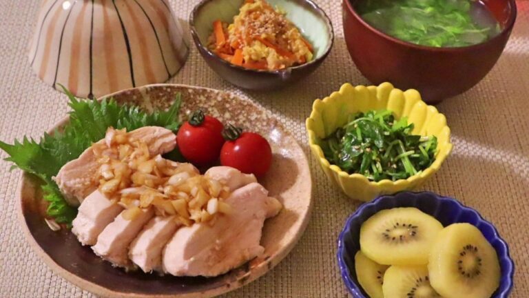 【料理】よだれ鶏・豆苗の塩昆布ナムル・人参しりしり