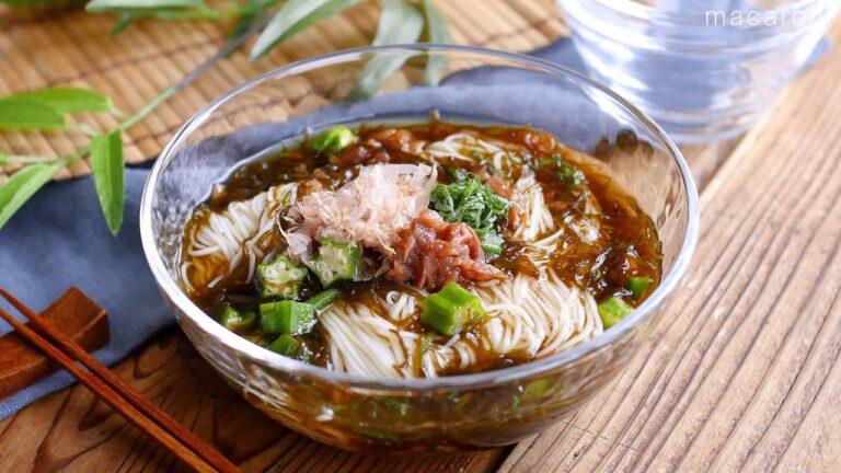 【オクラと大葉の梅もずくそうめん】つるっと食べられる一杯！夏のランチにおすすめ♪