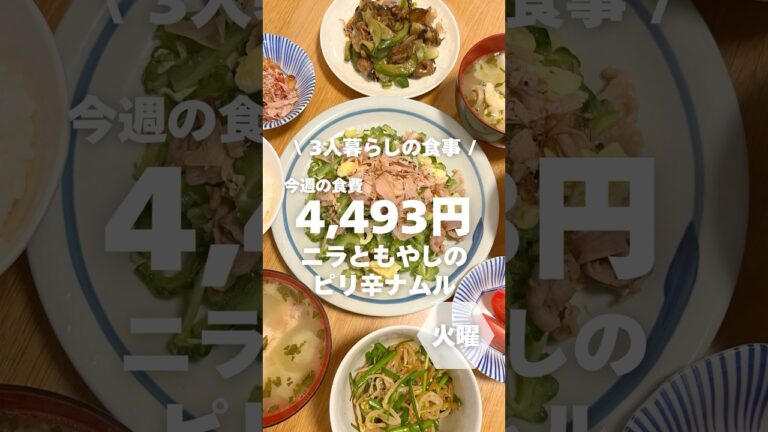 1週間4,500円で自炊する3人暮らしの食事/もやしとニラのピリ辛ナムルを作ったよ〜 #時短節約#shorts