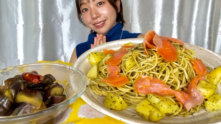 【咀嚼音/ASMR】大葉のジェノベーゼとナスの揚げ浸しを食べる動画🌿🍆🍝〜レシピをしっかりと見ましょう〜【eatingsounds】